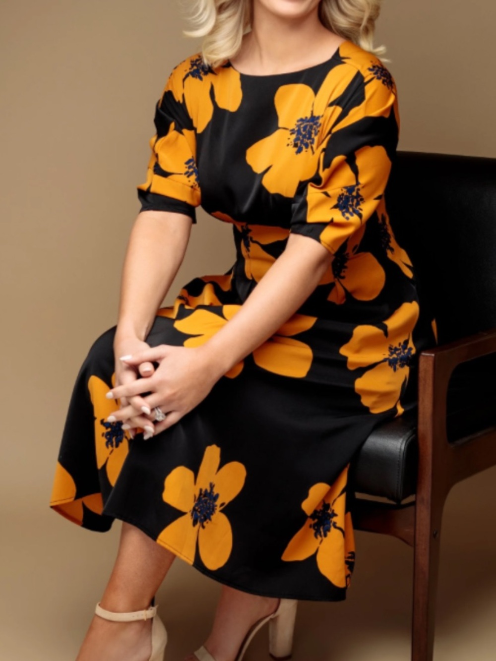 Gracia Black Midi Dress with Bold Yellow Floral Print